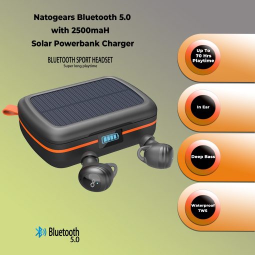 Sport Deep Bass Earbuds Solar Charging Bluetooth 5.0 Earbud Earphones 7 Hours Playtime True Wireless 2500maH Solar Charging Box
